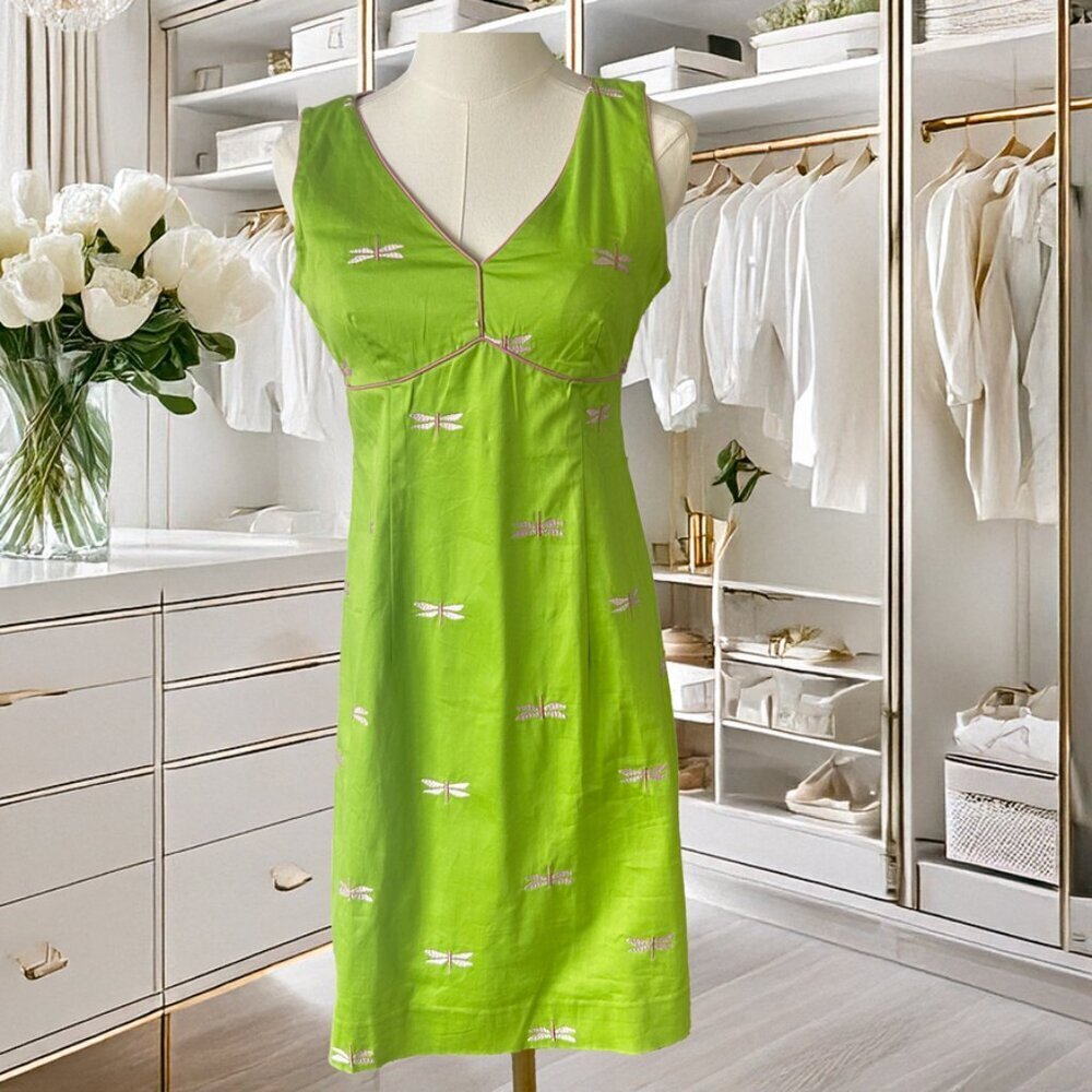 Vintage Lilly Pulitzer Green Pink Dragonfly Dress White Label in Size 4 Petite